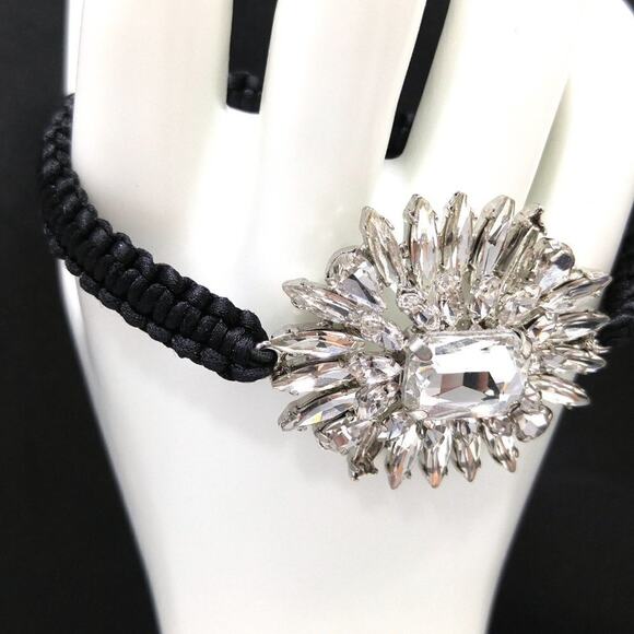 Chico's Floral Starburst Clear Rhinestone Black Stretch Bracelet, 7 Inches - Picture 2 of 5